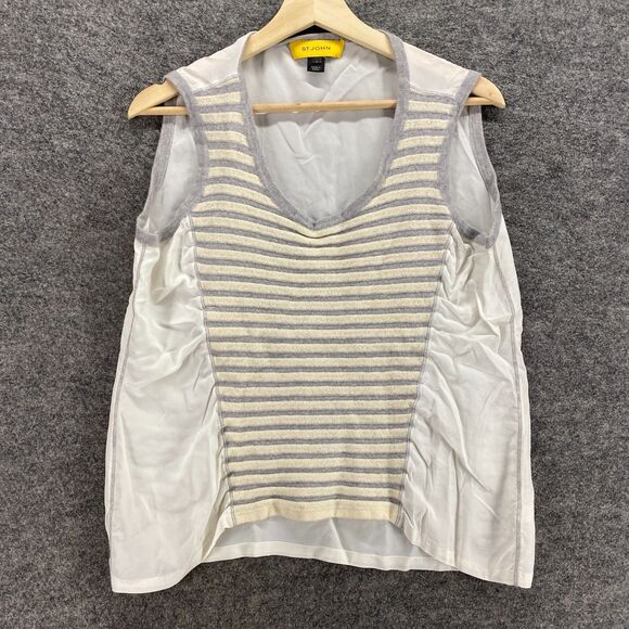 St. John Tank Women L Large White Striped Silk Sleeveless Round Neck Sheer - Picture 1 of 9